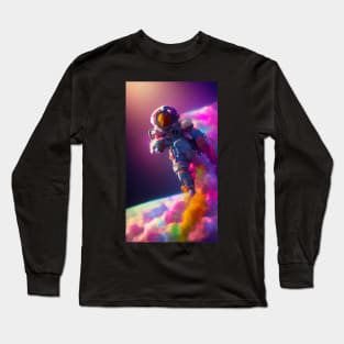 An astronaut swims and flies amid clouds in space with colorful clouds Long Sleeve T-Shirt